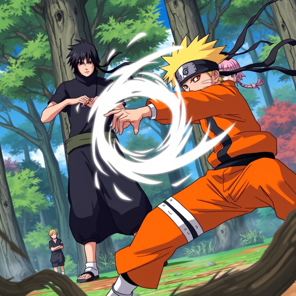 A dynamic action scene featuring characters from Naruto, showcasing Naruto Uzumaki in his iconic orange jumpsuit, performing a powerful jutsu with swirling chakra around him
