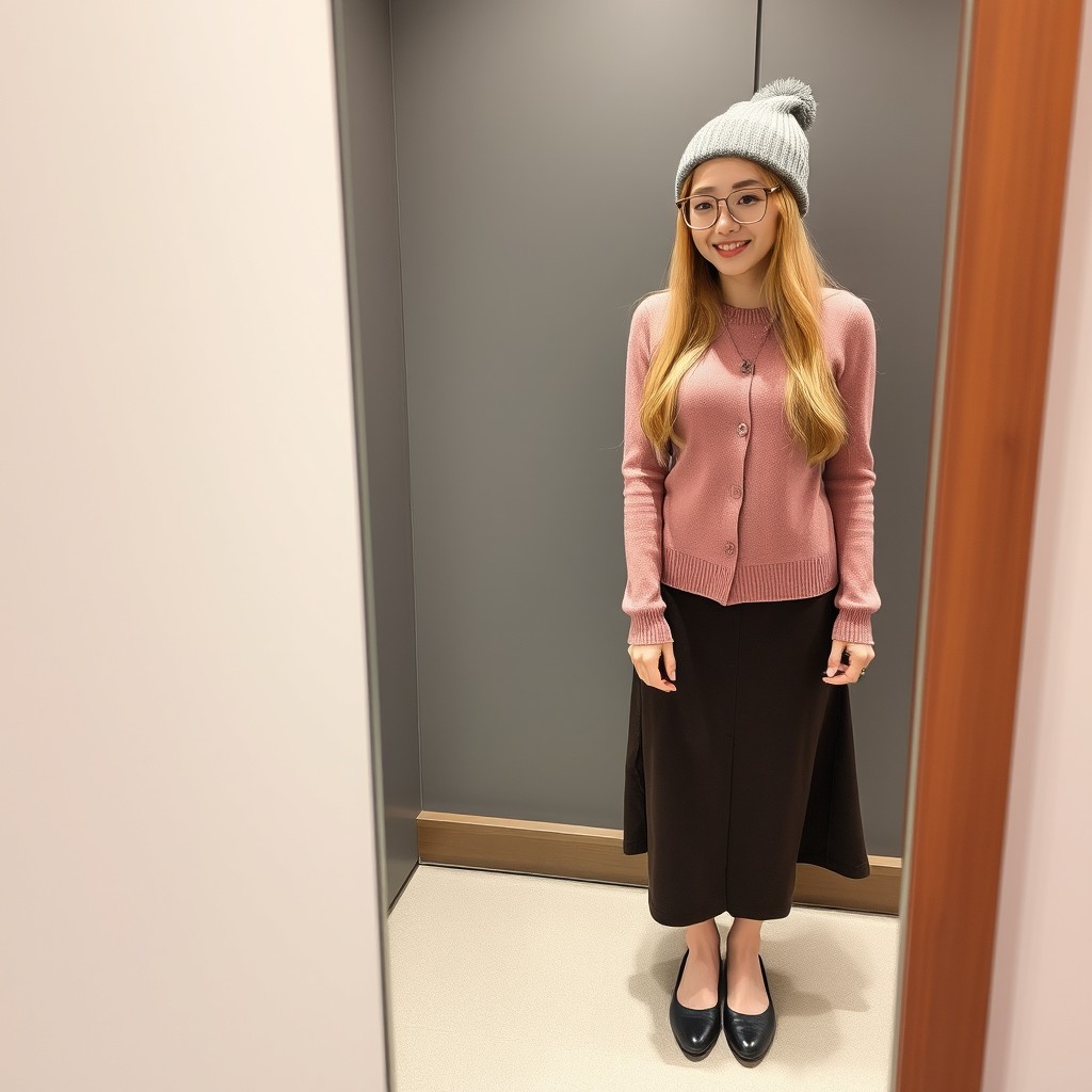 A cute Japanese woman in her 20s with waist-long golden blonde hair elegantly styled under a cozy beanie