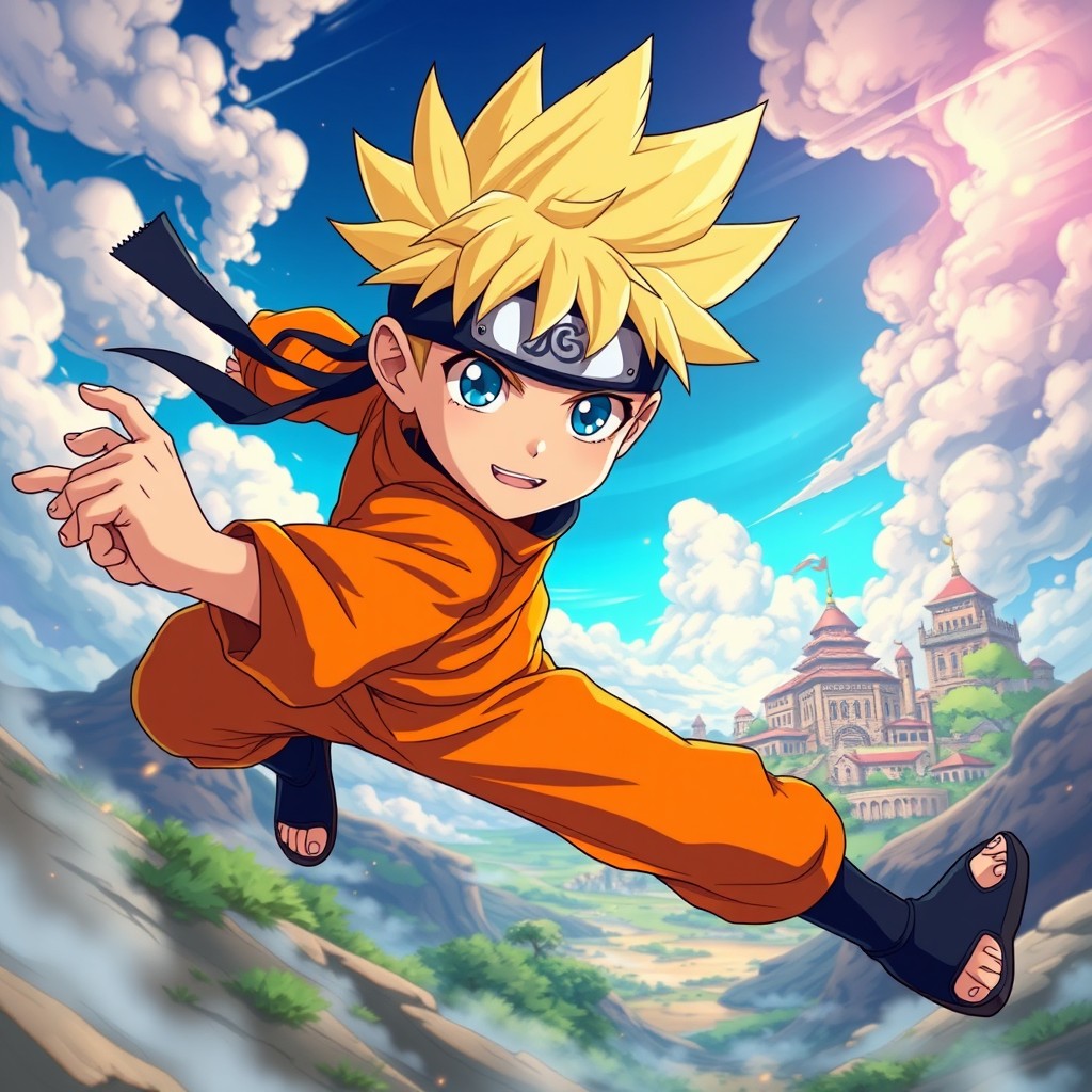 A dynamic illustration of a young ninja in a vibrant, detailed world inspired by anime
