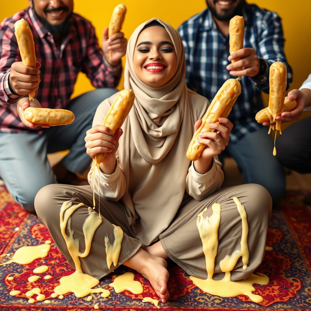 A hot Sri Lankan hijabi girl resembling Mymunah from TikTok, sitting criss cross on a colorful rug, with a full face of makeup, her eyes closed and a cheerful smile on her face, radiating happiness and confidence