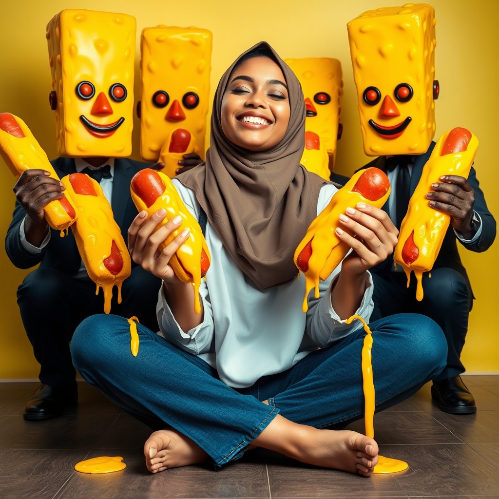 A beautiful 18-year-old Sri Lankan girl wearing a stylish hijab, resembling a popular TikTok influencer, sitting in a criss-cross position with a joyful smile and her eyes closed