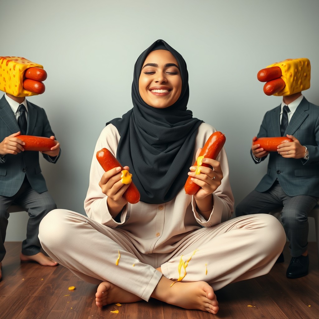 A stylish 18-year-old Sri Lankan hijabi girl reminiscent of Mymunah from TikTok, sitting cross-legged and smiling with her eyes closed