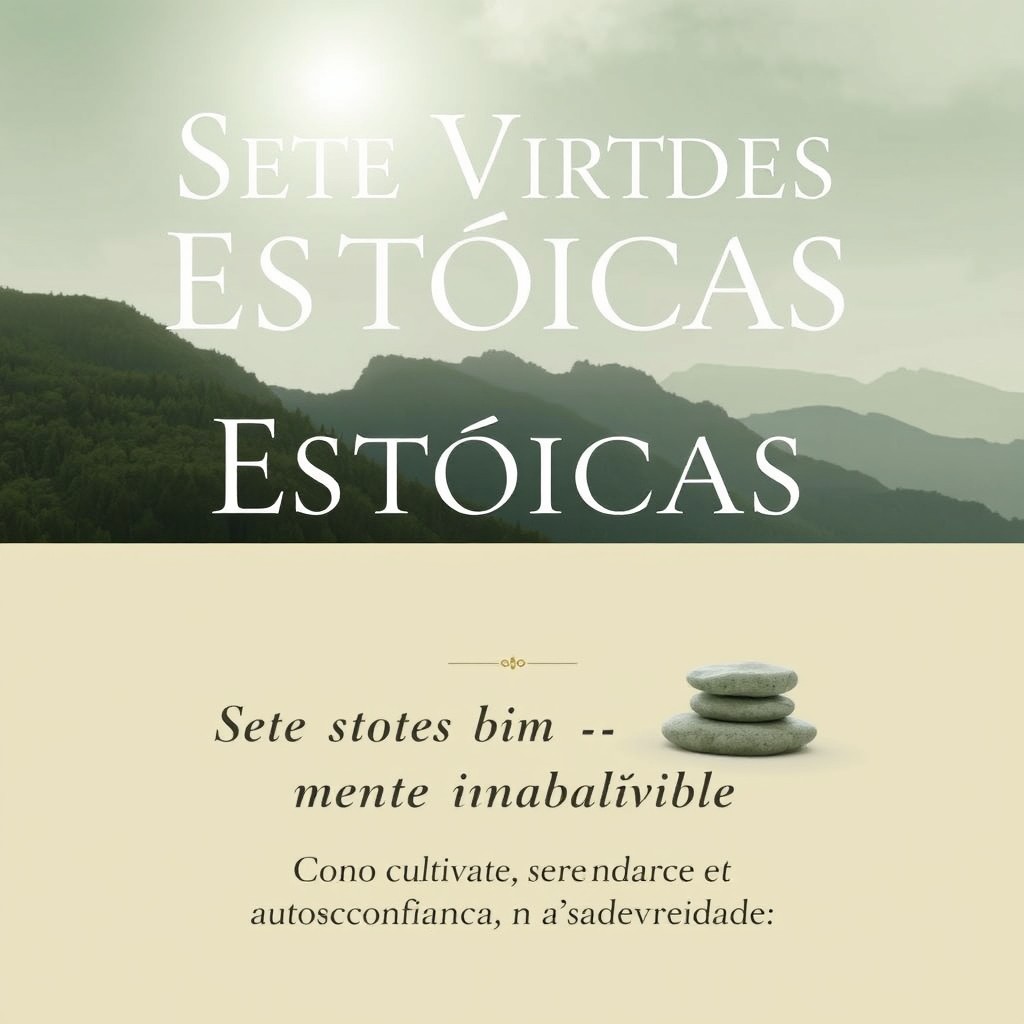 An elegant ebook cover featuring the title 'Sete Virtudes Estóicas para uma Mente Inabalável' displayed prominently in a refined, classical typography