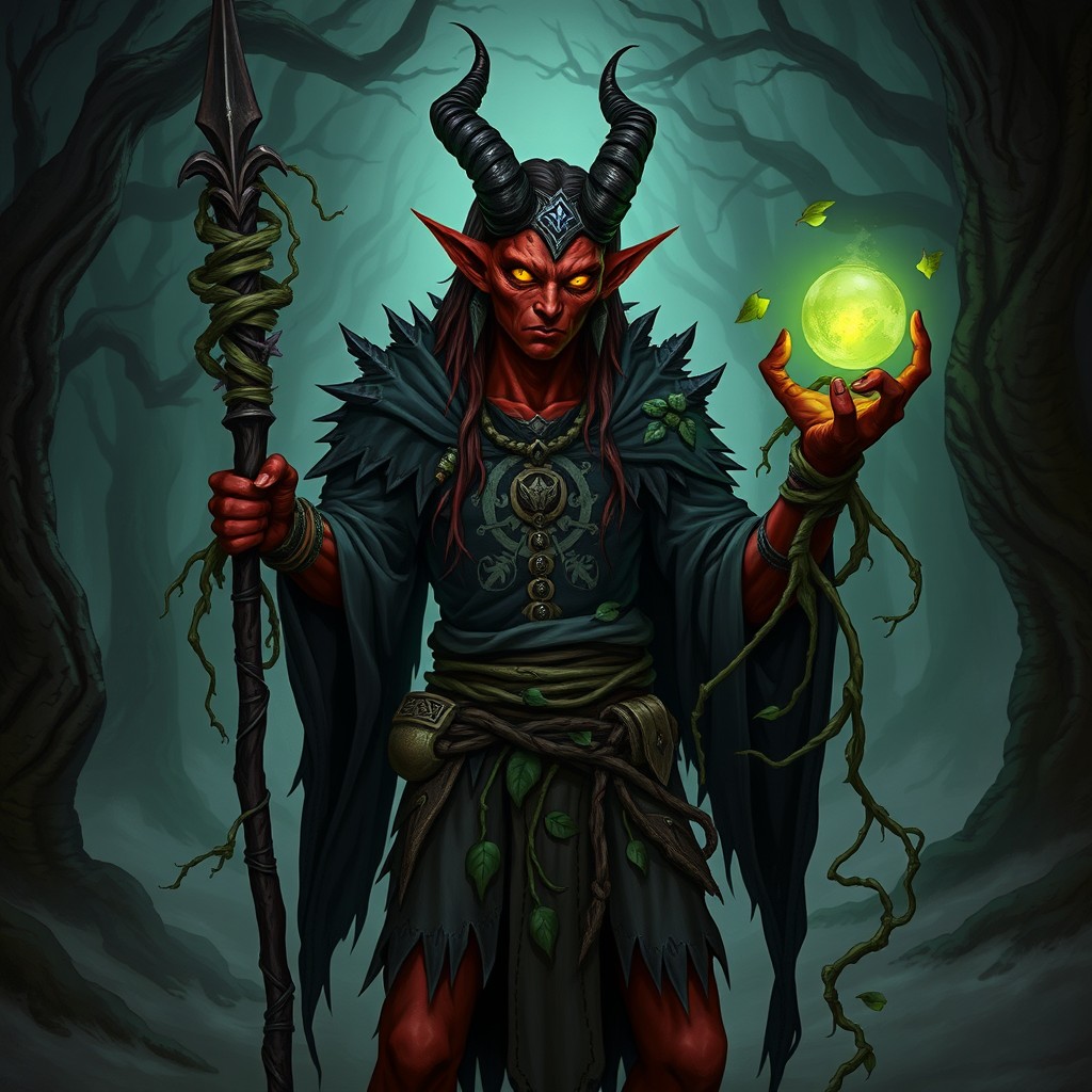 A Tiefling druid representing Dispater, showcasing a unique fusion of necromancy and nature