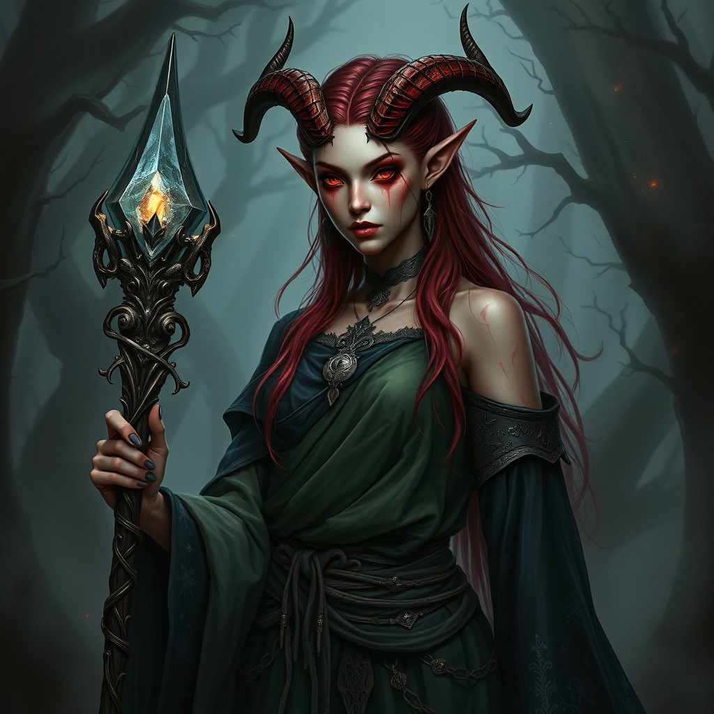 A female Tiefling of Dispater with artistically pale red skin, exuding an undead and vampiric essence
