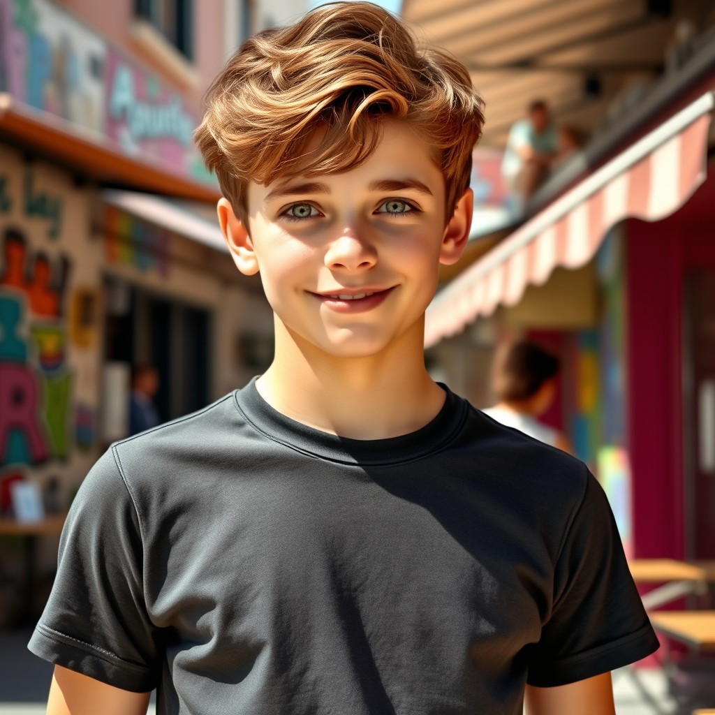 A handsome teenage boy with brown hair and striking green eyes, exuding youthful charm and charisma