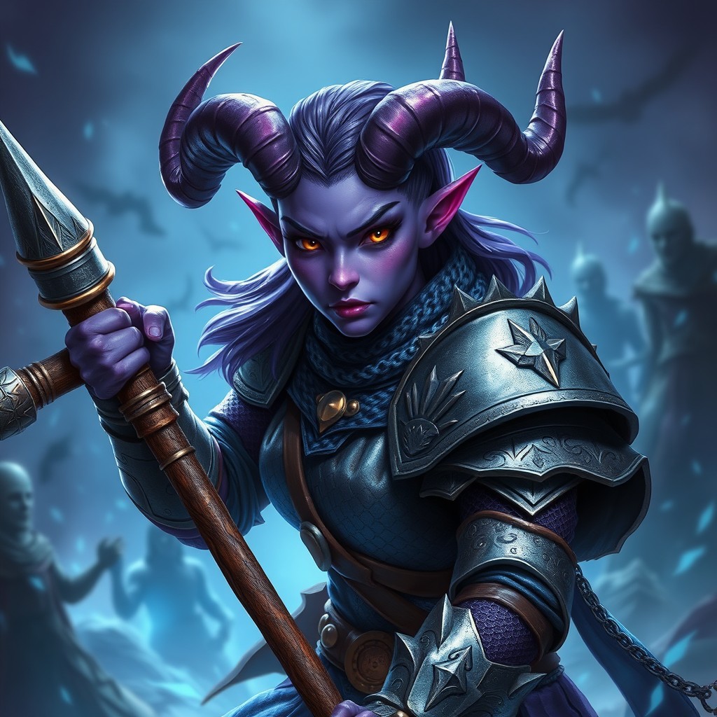 A realistic female tiefling warrior clad in intricately crafted chainmail armor