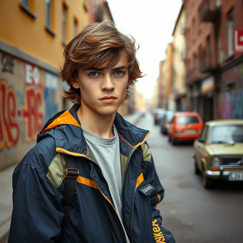 A stylish 1980s German male teenager, around 16 years old, with brown hair and striking green eyes