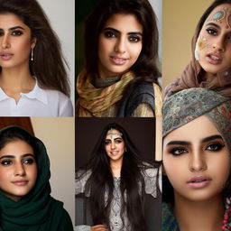 A collective portrait of Iranian girls displaying a striking blend of modern and traditional attire, their faces glowing with the diverse beauty typical of their culture