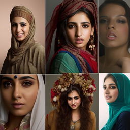 A collective portrait of Iranian girls displaying a striking blend of modern and traditional attire, their faces glowing with the diverse beauty typical of their culture