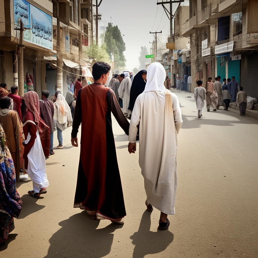 An evocative image of an Afghani boy and girl, both over the age of 15, wearing traditional Afghani clothes with the letter 'S', holding hands and making eye contact on a bustling road.