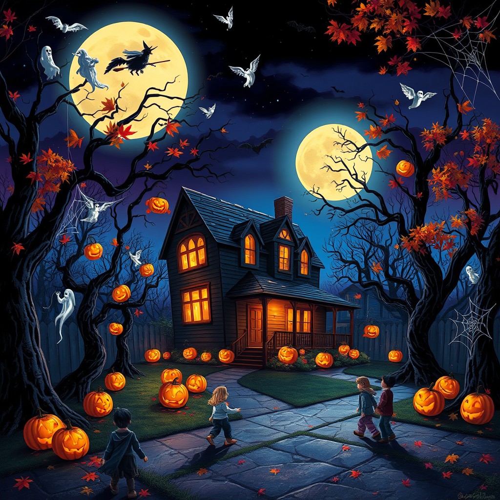 A spooky yet festive Halloween scene featuring a full moon illuminating a haunted house surrounded by twisted trees and glowing jack-o'-lanterns