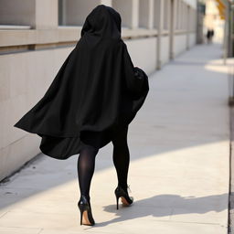 A woman gracefully walking along a sidewalk, dressed in a thick black chador that envelops her body while maintaining a stylish silhouette