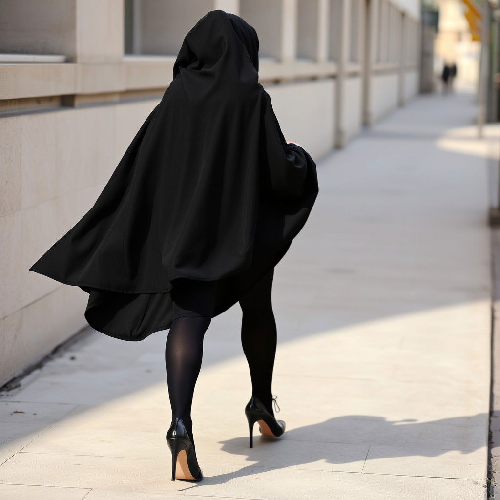 A woman gracefully walking along a sidewalk, dressed in a thick black chador that envelops her body while maintaining a stylish silhouette