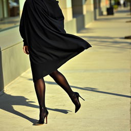 A woman gracefully walking along a sidewalk, dressed in a thick black chador that envelops her body while maintaining a stylish silhouette