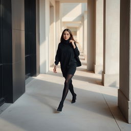A woman gracefully walking along a sidewalk, dressed in a thick black chador that envelops her body while maintaining a stylish silhouette