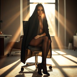A seductive scene featuring a woman in a thick black chador, elegantly draping over her figure while she sits confidently in an office chair