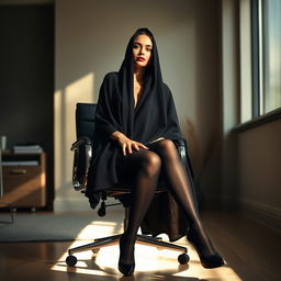 A seductive scene featuring a woman in a thick black chador, elegantly draping over her figure while she sits confidently in an office chair