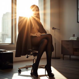 A seductive scene featuring a woman in a thick black chador, elegantly draping over her figure while she sits confidently in an office chair
