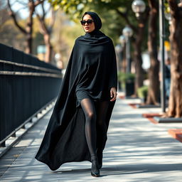 A woman stylishly walking on a sidewalk, dressed in a thick black chador that drapes elegantly around her figure