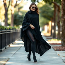 A woman stylishly walking on a sidewalk, dressed in a thick black chador that drapes elegantly around her figure