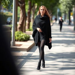 A woman stylishly walking on a sidewalk, dressed in a thick black chador that drapes elegantly around her figure