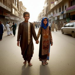 An evocative image of an Afghani boy and girl, both over the age of 15, wearing traditional Afghani clothes with the letter 'S', holding hands and making eye contact on a bustling road.