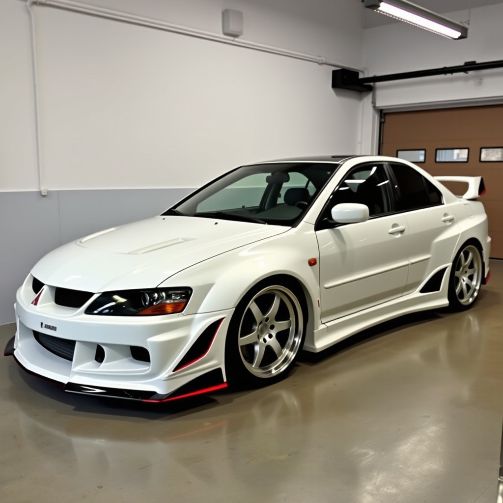 A customized wide body kit for a 2005 Mitsubishi Galant, painted in elegant pearl white