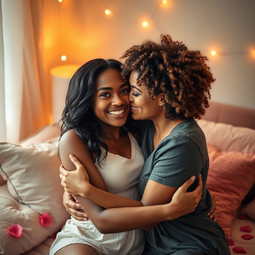 An intimate and affectionate scene between two beautiful women of different ethnic backgrounds, showcasing their love and connection in a cozy, warmly-lit room
