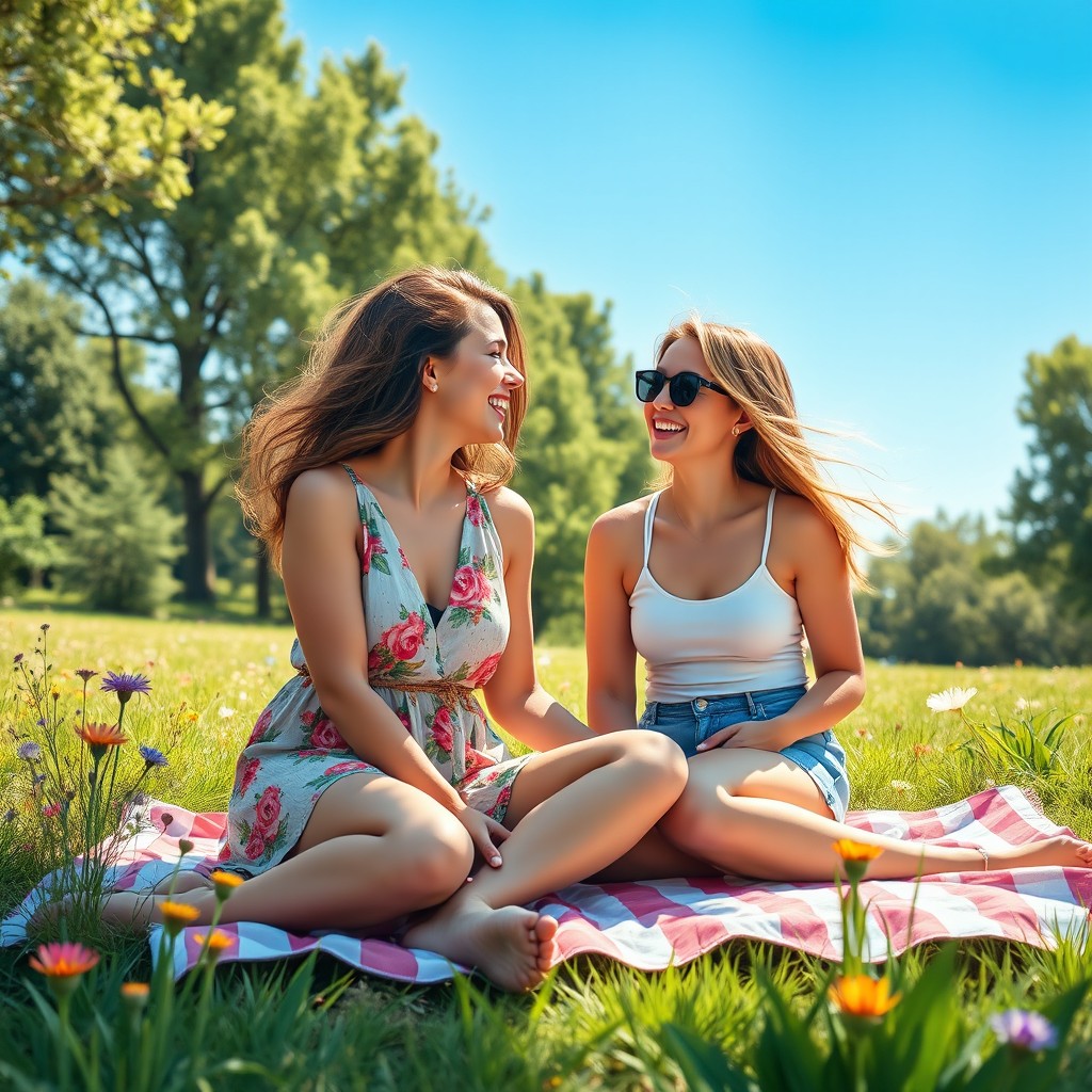 A vibrant and colorful depiction of a serene outdoor scene featuring two women enjoying a sunny day in a lush park