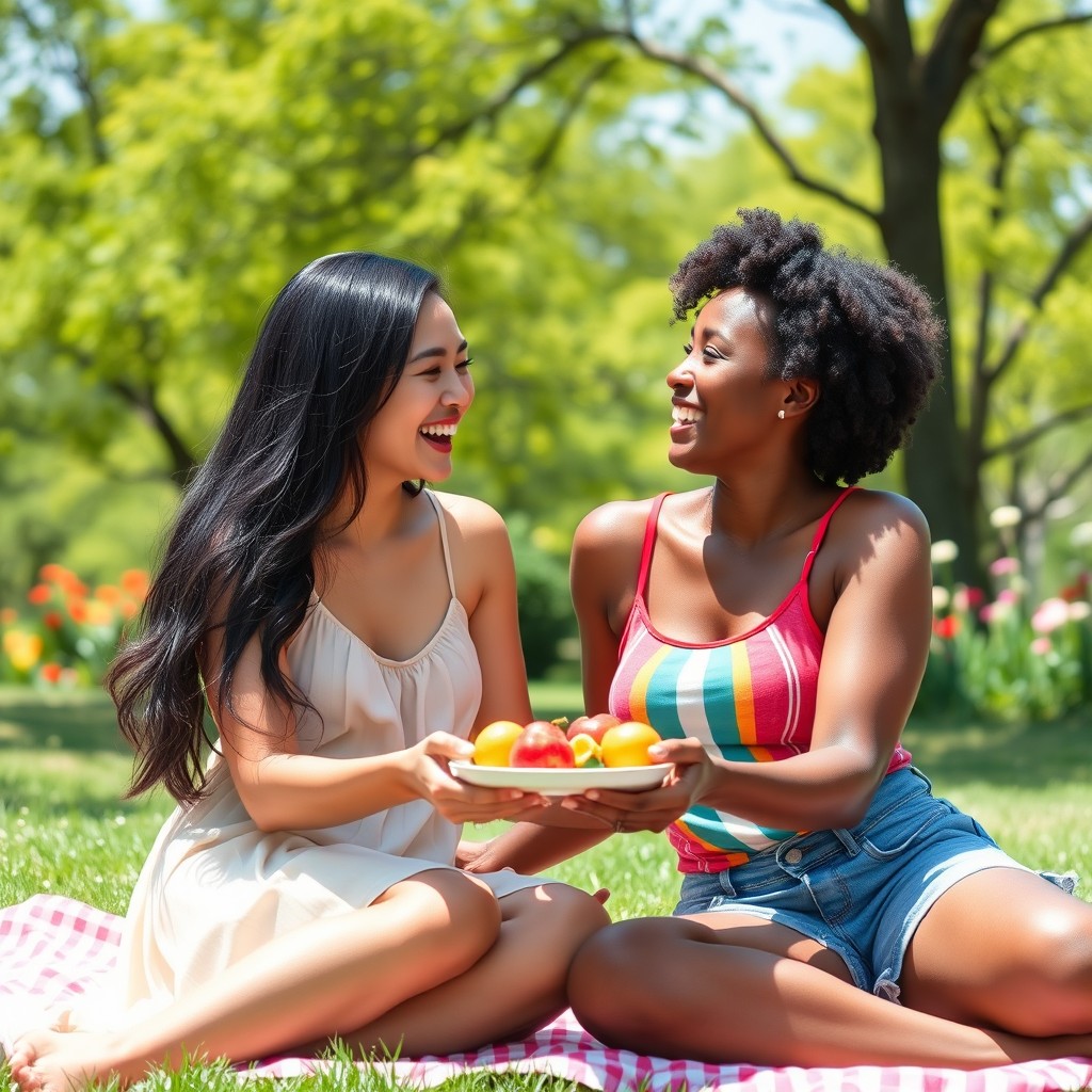 An intimate scene showcasing an interracial lesbian couple enjoying a sunny day in a beautiful park