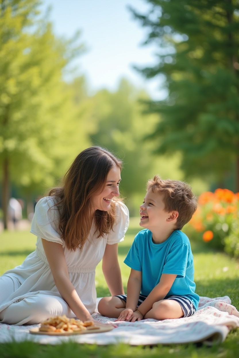 A beautiful, serene scene of a mother and son enjoying a peaceful day in a sunlit park