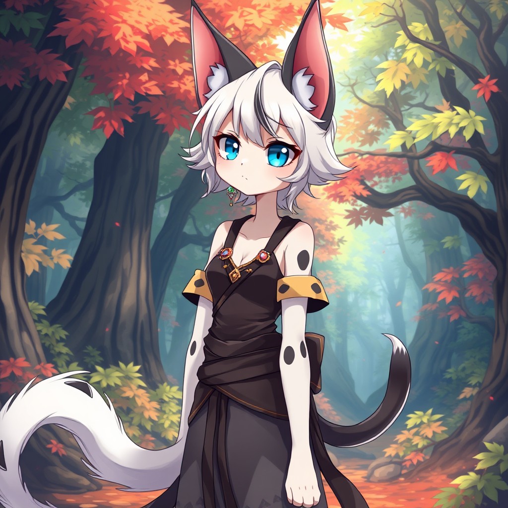 A slender, tall Tabaxi girl in an anime style, featuring unique attributes like long sleek fur in a variety of colors and patterns, large expressive ears twitching with curiosity, and a long, elegantly curved tail