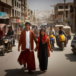 An evocative image of an Afghani boy and girl, both over the age of 15, wearing traditional Afghani clothes with the letter 'S', holding hands and making eye contact on a bustling road.