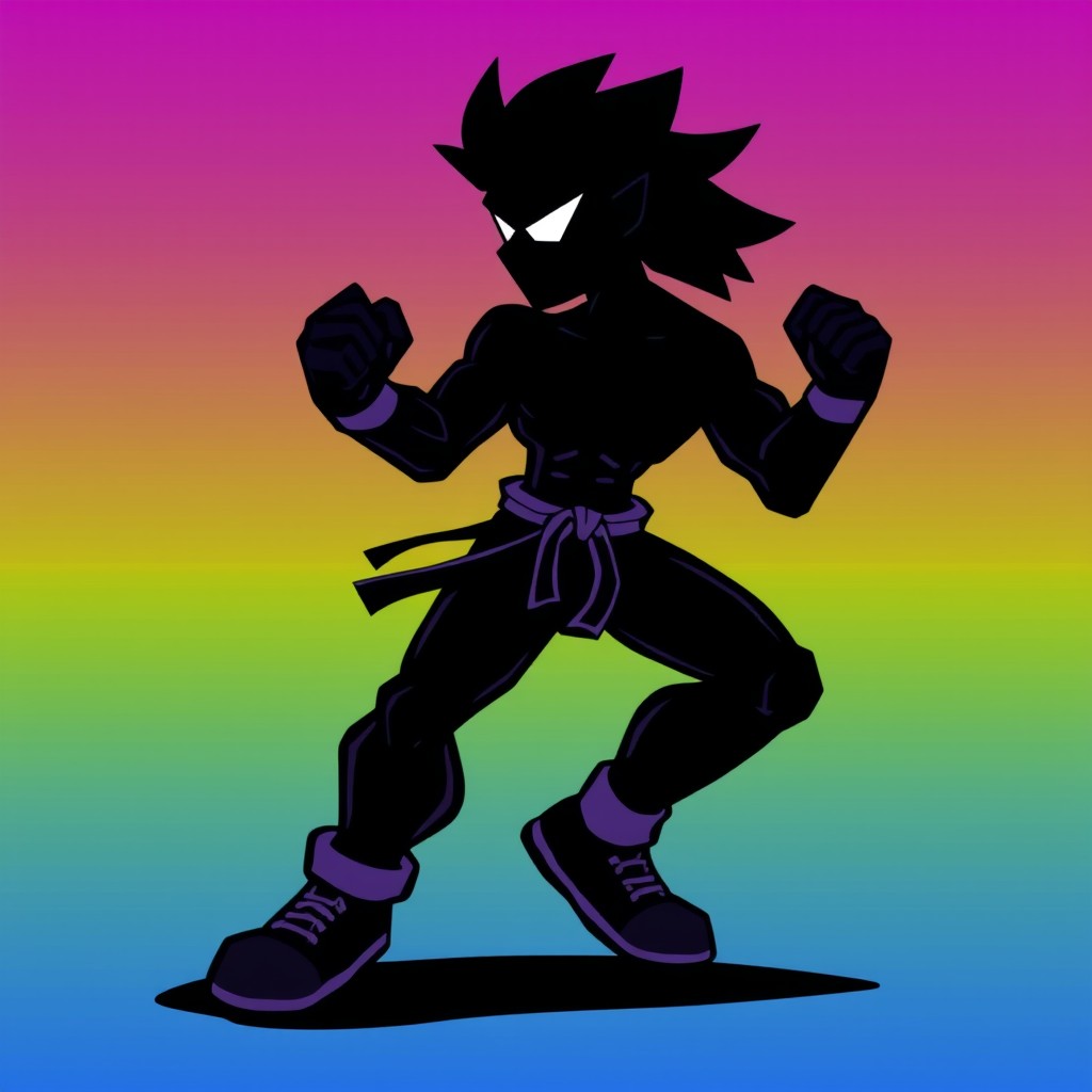 A dynamic silhouette of a pixel character engaged in training, showcasing a strong pose with exaggerated features typical of retro pixel art