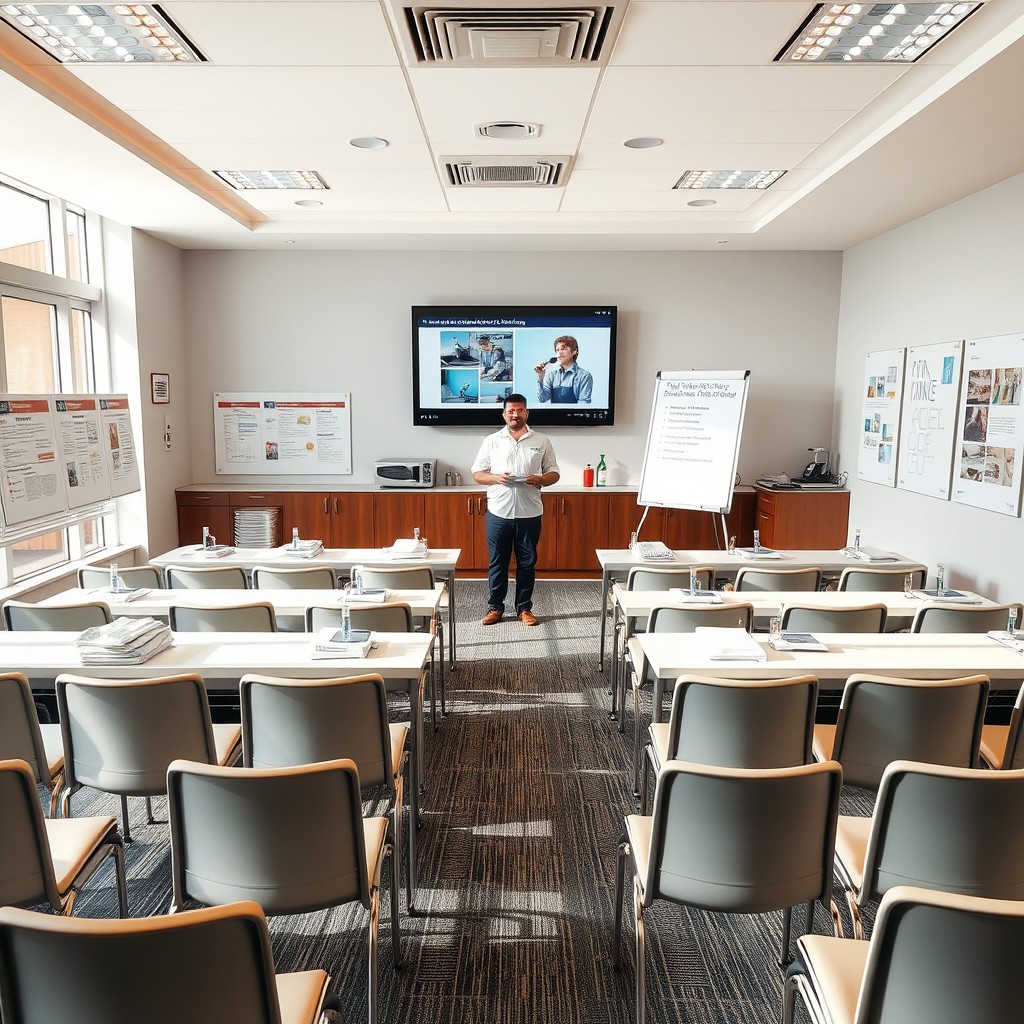 A bright and modern housekeeping training room, designed for educational purposes, featuring neatly arranged training stations with cleaning supplies, linens, and presentation boards