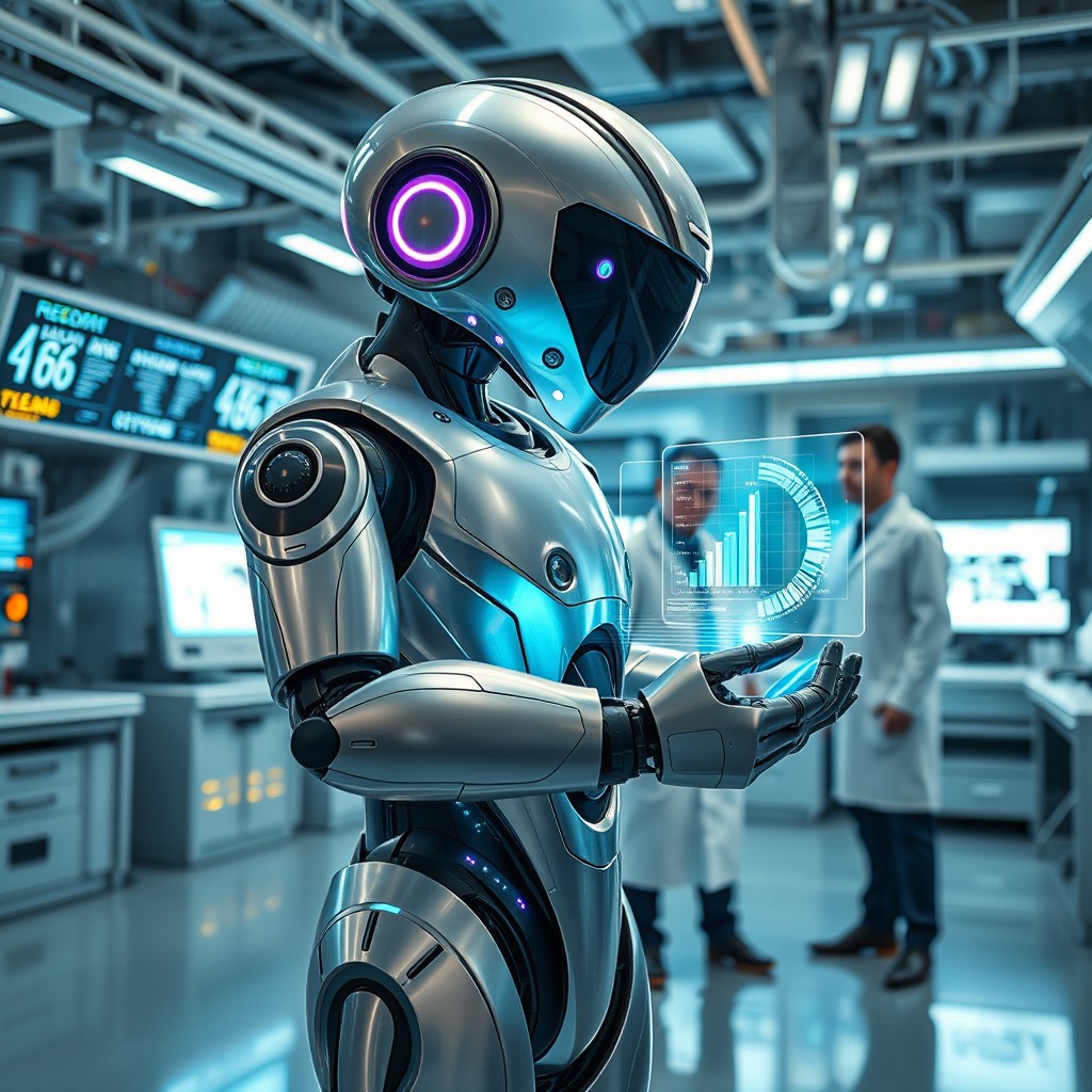 A sleek and futuristic robotic unit standing in a high-tech laboratory filled with advanced gadgets and glowing screens