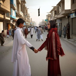 An evocative image of an Afghani boy and girl, both over the age of 15, wearing traditional Afghani clothes with the letter 'S', holding hands and making eye contact on a bustling road.