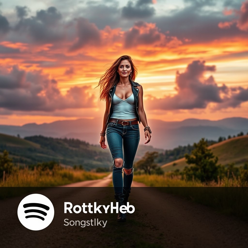 A square cover for a song's release on Spotify, featuring a rock-and-roll-looking woman with an ideal figure