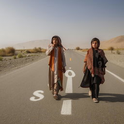 An image depicting an Afghani boy and girl, aged above 15, wearing traditional Afghani clothes bearing the letter 'S', holding hands and locking eyes on an empty road.