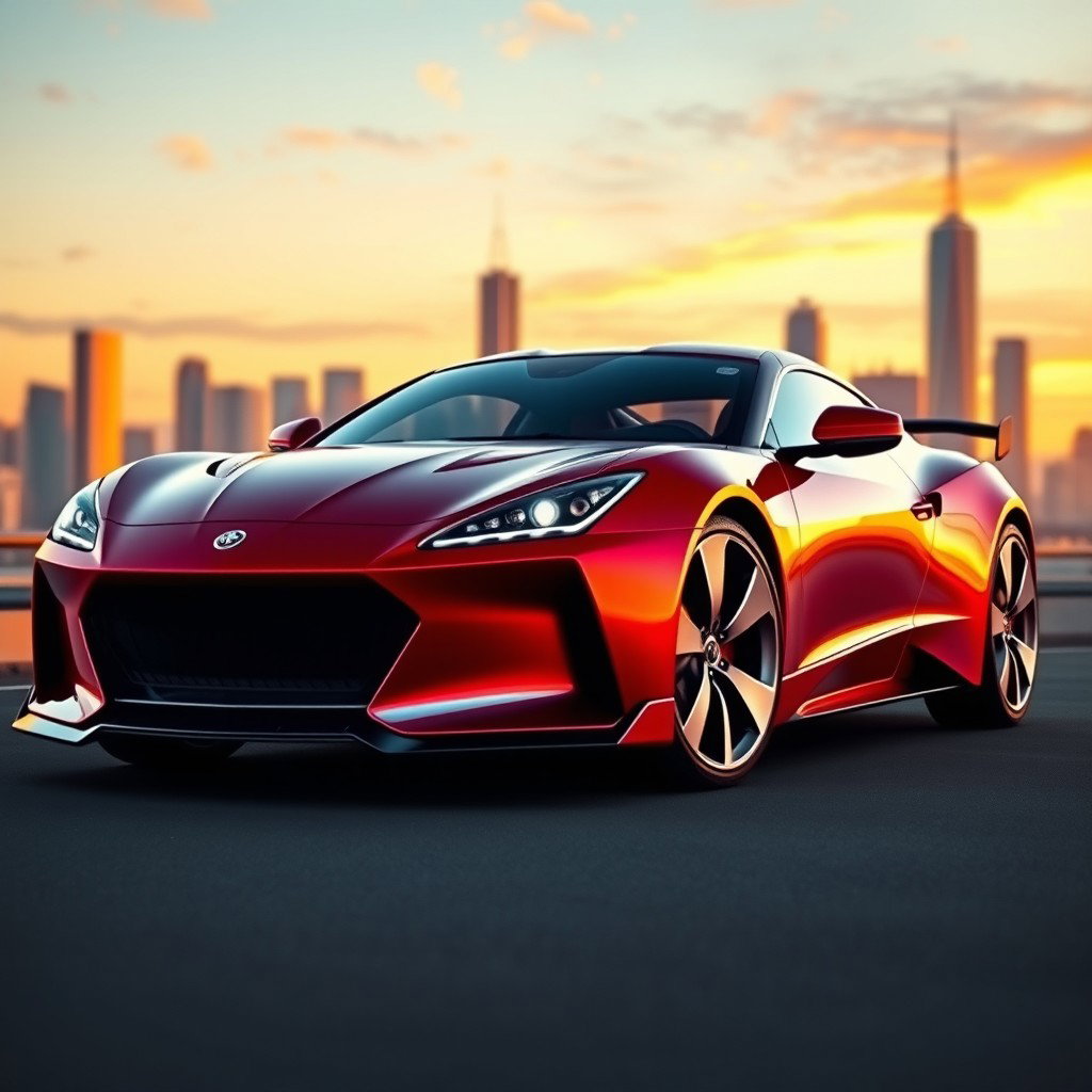 A stunning car design in a vibrant color scheme featuring a sleek and modern coupe