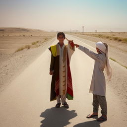 An image depicting an Afghani boy and girl, aged above 15, wearing traditional Afghani clothes bearing the letter 'S', holding hands and locking eyes on an empty road.