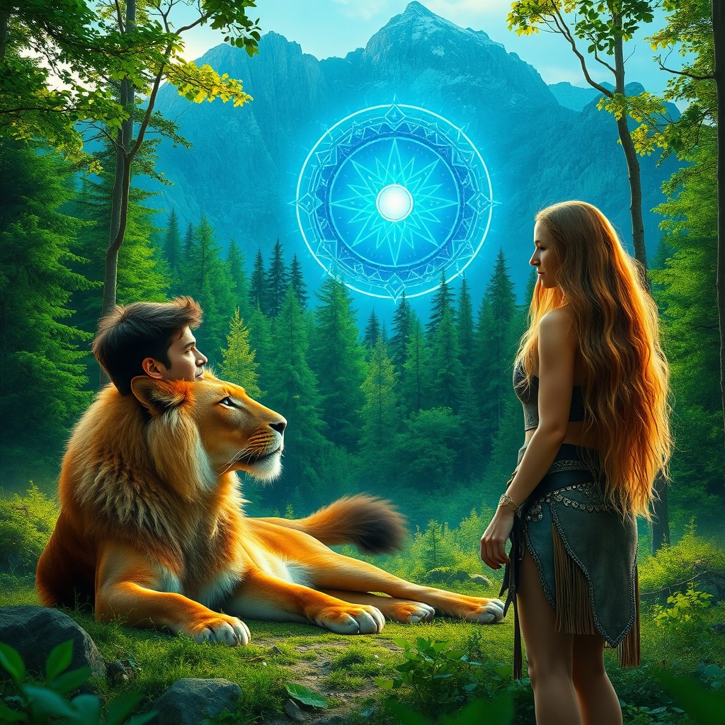A vibrant and luminous green forest at the foot of a majestic mountain