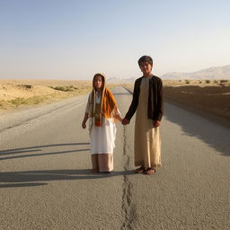 An image depicting an Afghani boy and girl, aged above 15, wearing traditional Afghani clothes bearing the letter 'S', holding hands and locking eyes on an empty road.