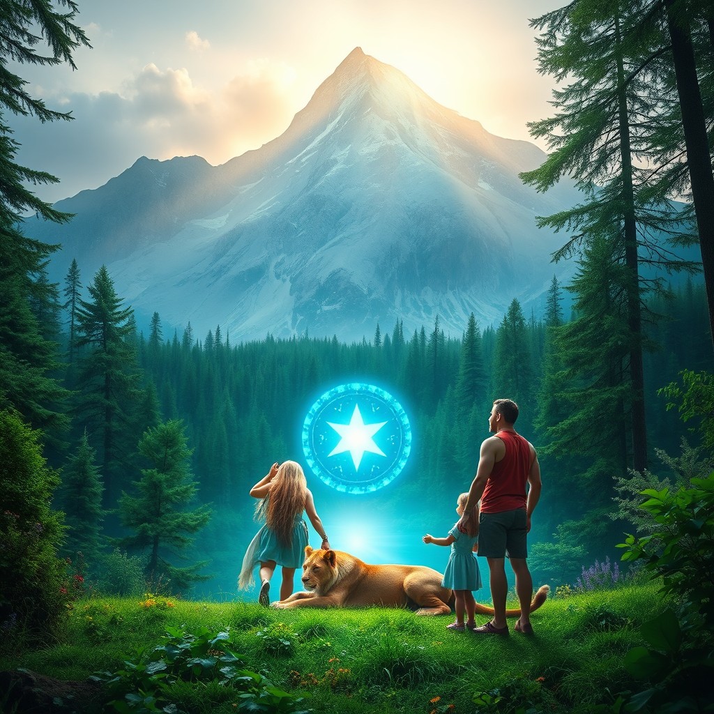A vibrant and luminous green forest at the foot of a majestic mountain