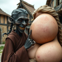 In a medieval village, a tiny elderly Goblin woman, depicted as a small black African with very dark skin and an emaciated body, displays entirely black teeth