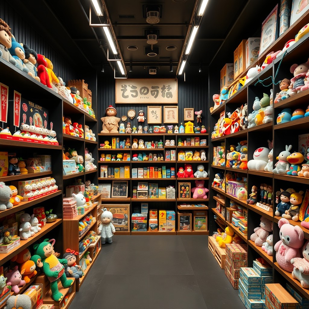 A realistic Japanese toy store design specifically for a Finnish context, featuring striking black walls that provide a dramatic backdrop for a vibrant array of toys