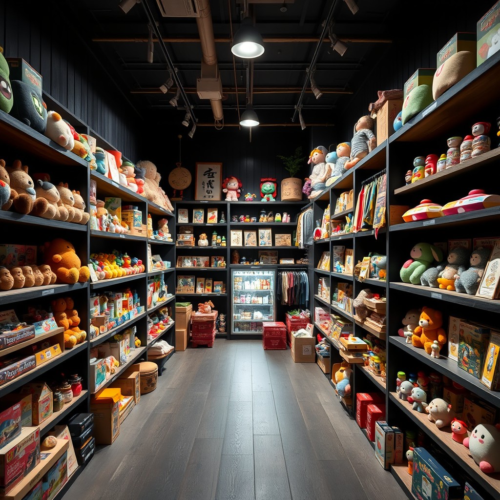 A realistic Japanese toy store design tailored for a Finnish setting, featuring bold black walls that create a dramatic and inviting atmosphere