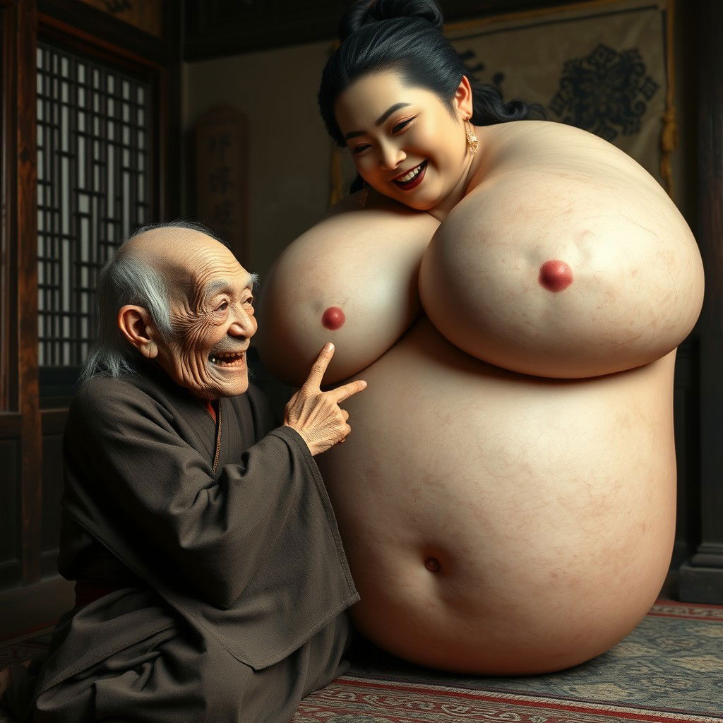 In a medieval Chinese room, there is an elderly dwarf woman, very small and malnourished, with sharp rotten teeth and medium-length hair, dressed in a long, fully closed Buddhist robe and wearing medieval earrings