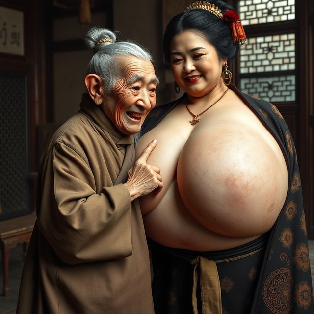 In a medieval Chinese room, there is an elderly dwarf woman, notably small and malnourished, with sharp rotten teeth, dressed in a long, completely closed Buddhist robe